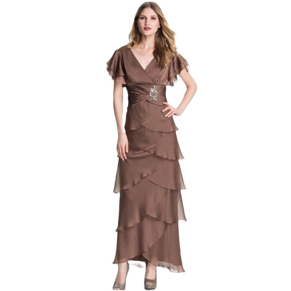Adrianna Papell Occasions Flutter Sleeve Tiered Chiffon Gown Brown 10 - Picture 17 of 17